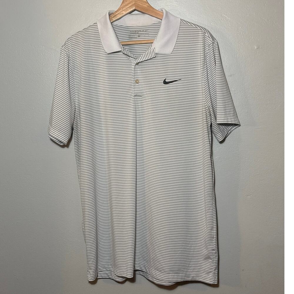 Mens Size L Nike Golf Dri-Fit Gray & White Striped Polo Shirt Embroidered Swoosh